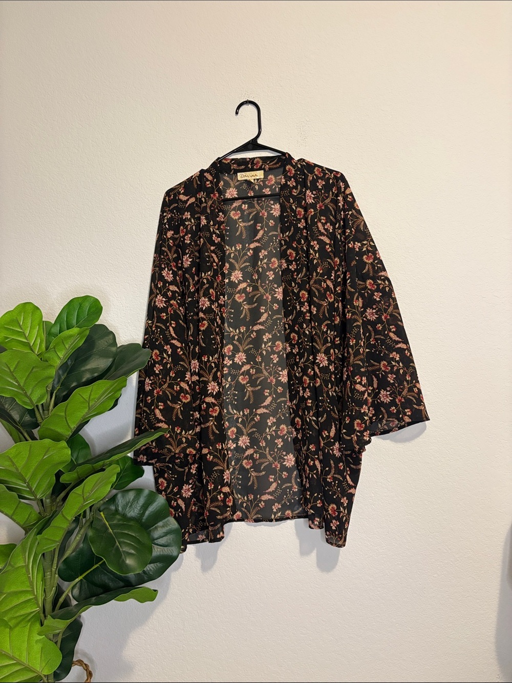Floral Open-Front Kimono Blouse - Black with red and tan Floral 3x